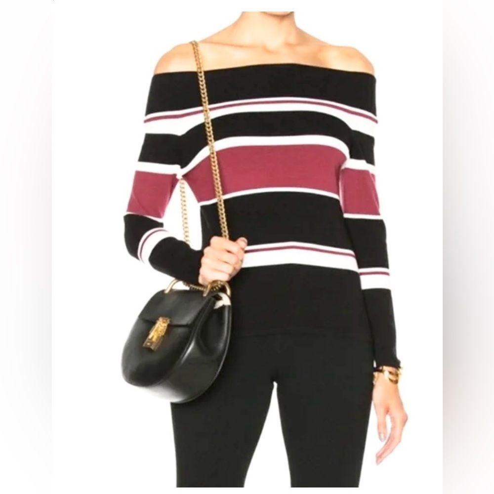 Veronica Beard Audrey Black Cream & Brick Off The Shoulder Stripe Knit Sweater M